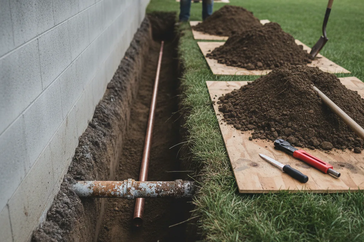 Excavated water line trench during Sewer Line Repair in Crystal City